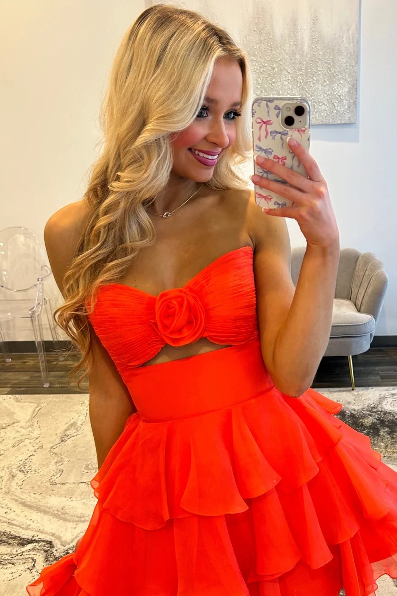 Orange Sweetheart Chiffon Ruffles Cutout Short A-Line Homecoming Dress