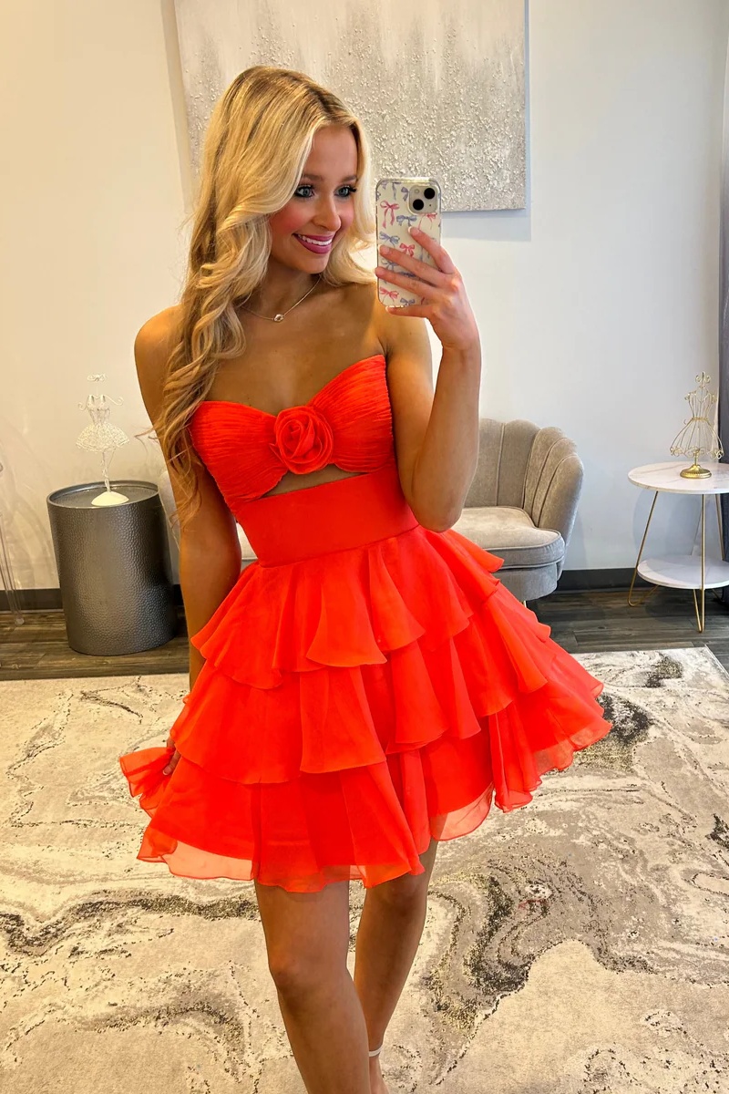 Orange Sweetheart Chiffon Ruffles Cutout Short A-Line Homecoming Dress