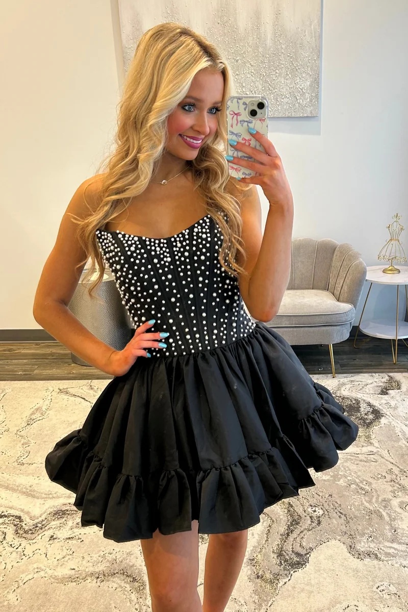 Black Strapless Beaded Corset A-Line Mini Homecoming Dress