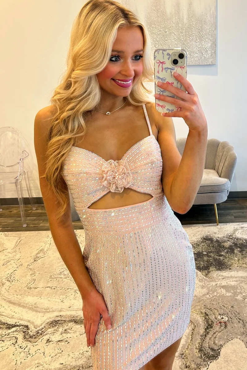 Sparkling Cutout Spaghetti Straps Beaded Mini Homecoming Dress with Floral