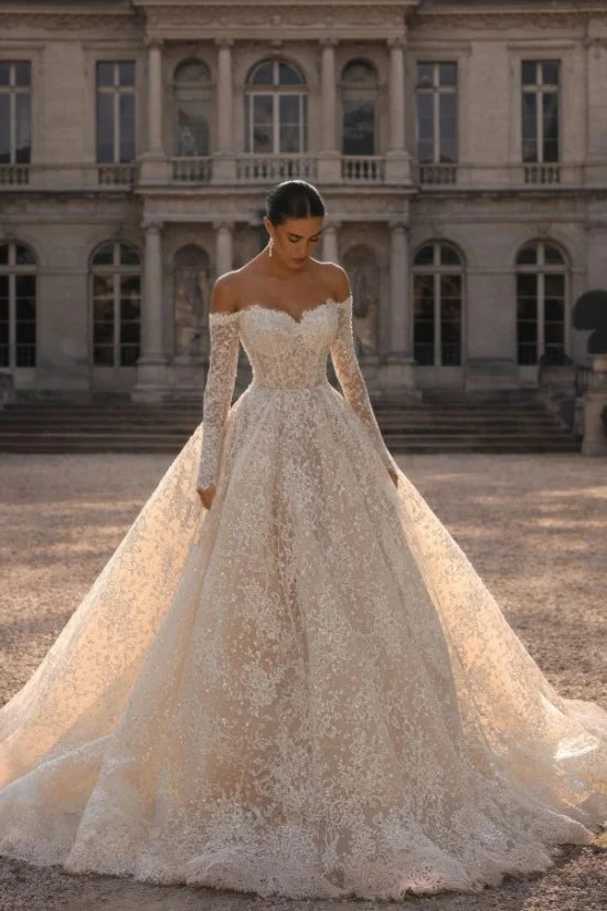 Glitter Lace Ball Gown Wedding Dress with Sleeves Off-the-Shoulder Sweetheart Corset Bridal Gown