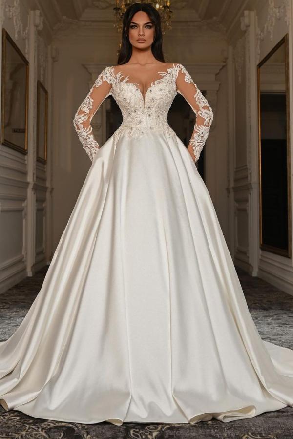 Lace long sleeves V-neck A-line Wedding Dresses