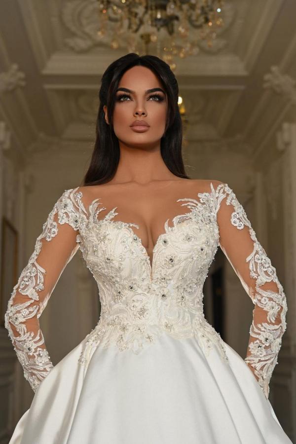 Lace long sleeves V-neck A-line Wedding Dresses