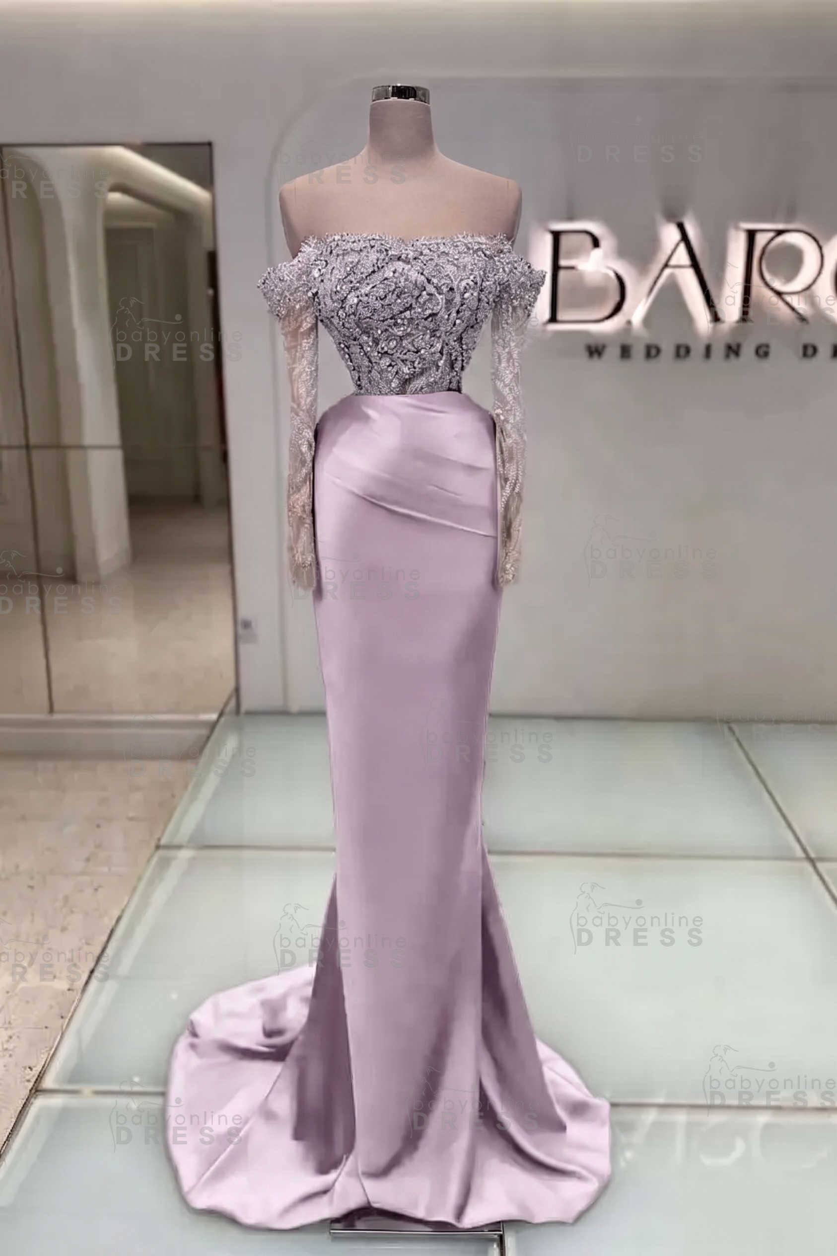 Off-the-Shoulder Ruffles Satin Mermaid Prom Dress Beadings with Sleeves
