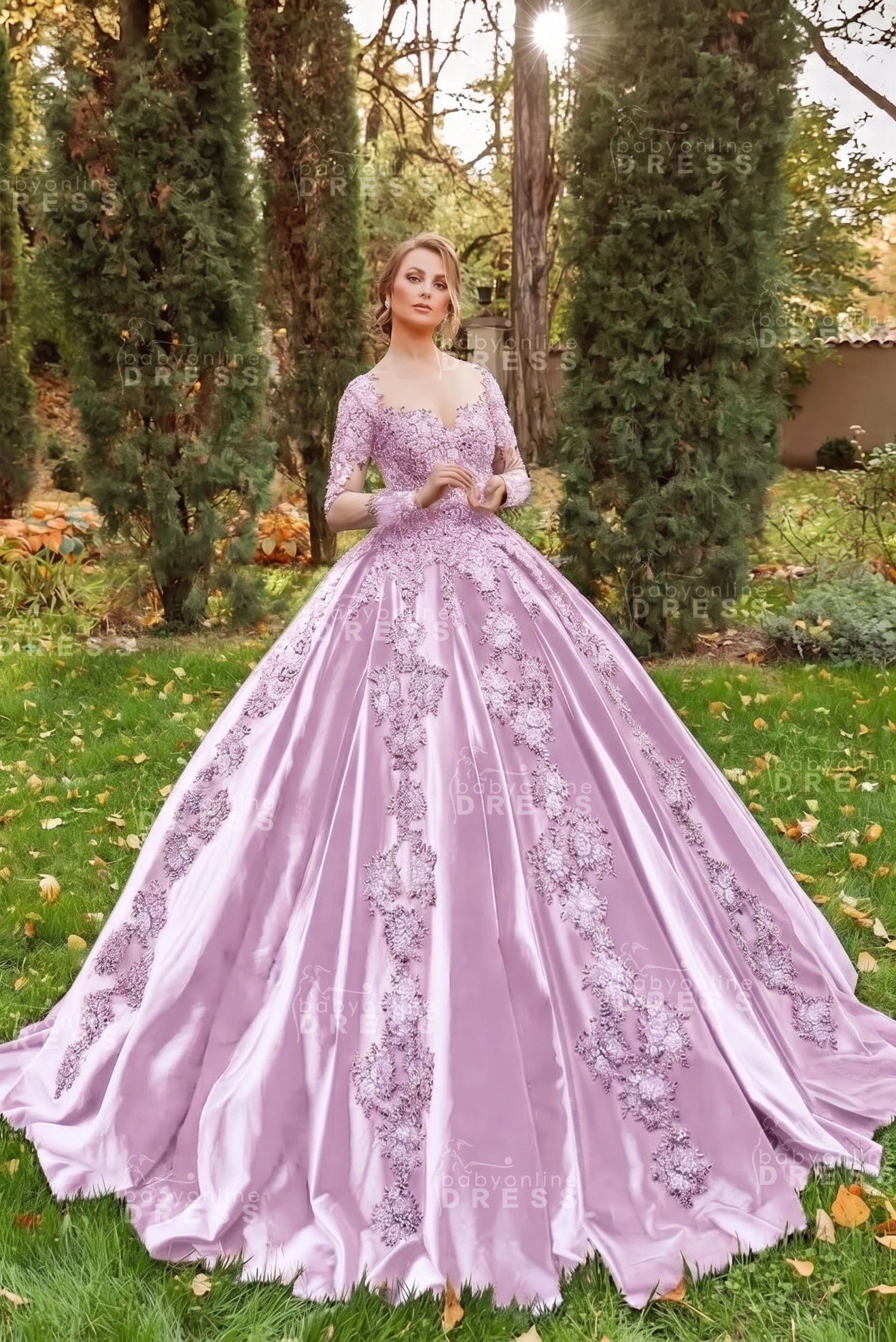 Gorgeous Long Sleeves Velvet Ball Gown with 3D Floral Appliques