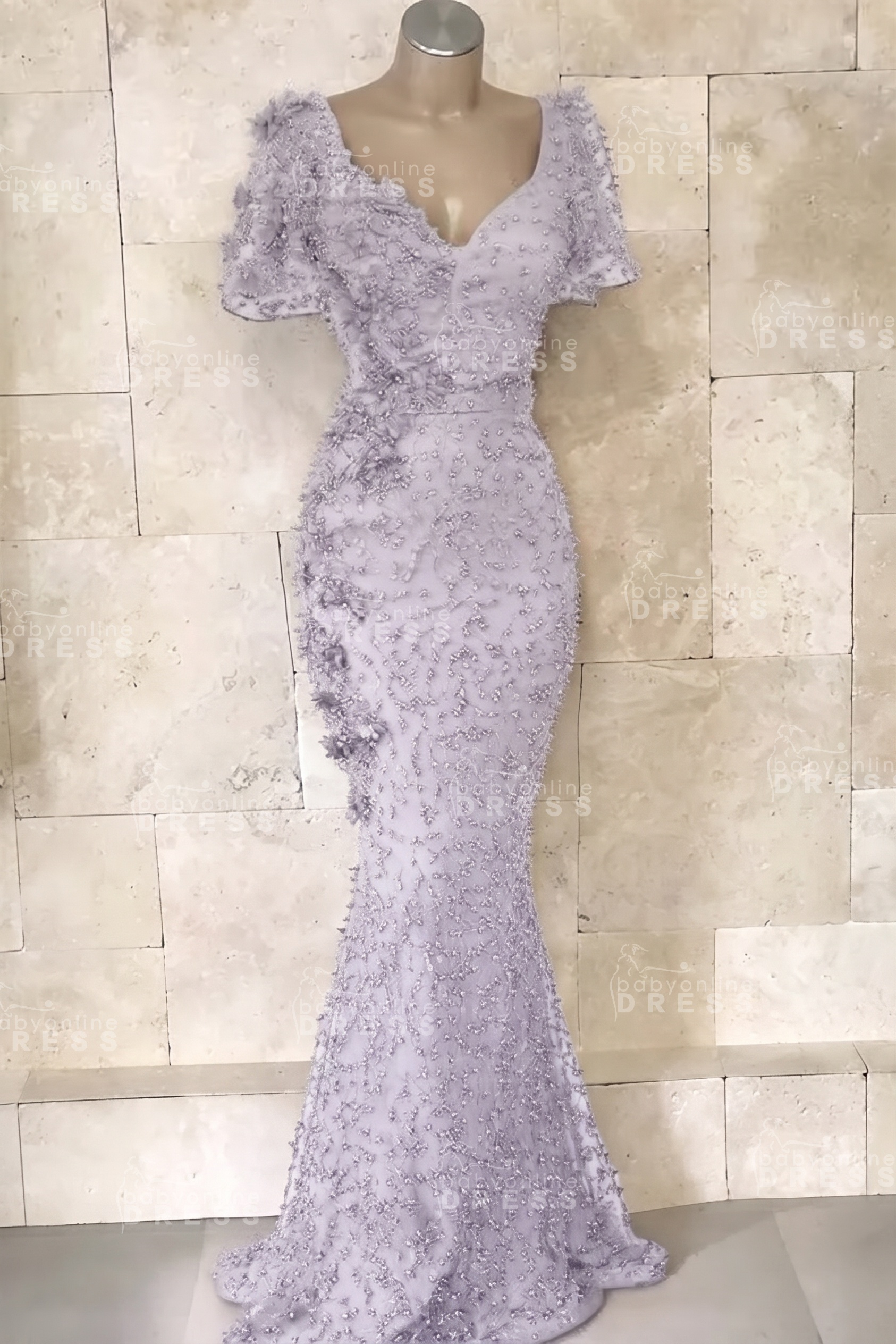 Glamorous V-Neck Short Sleeves Beading Flower Mermaid Floor-Length Prom Dresses