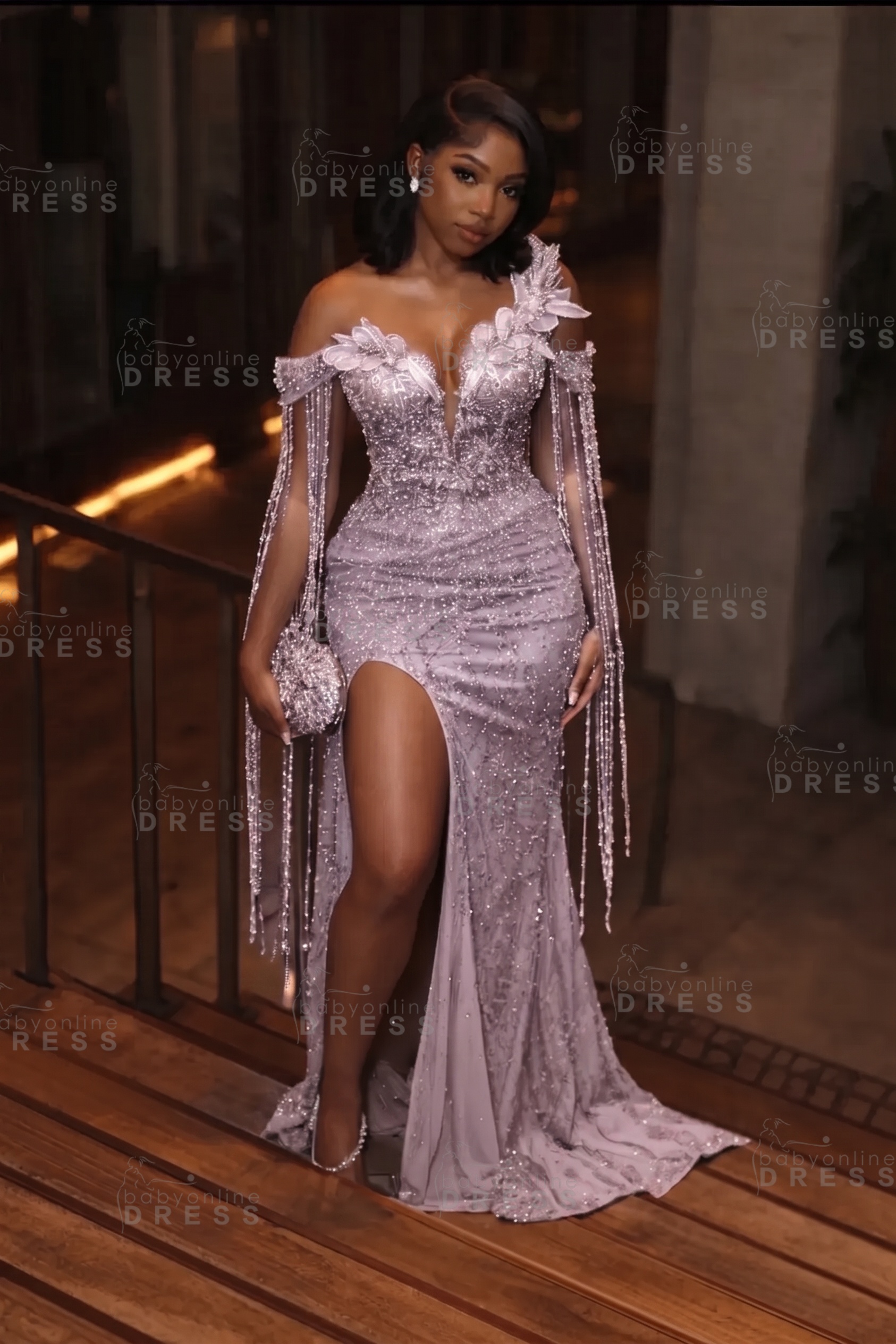 Stunning Asymmetric  Sequins Prom DressMermaid Gold Evening Gown with Tassels