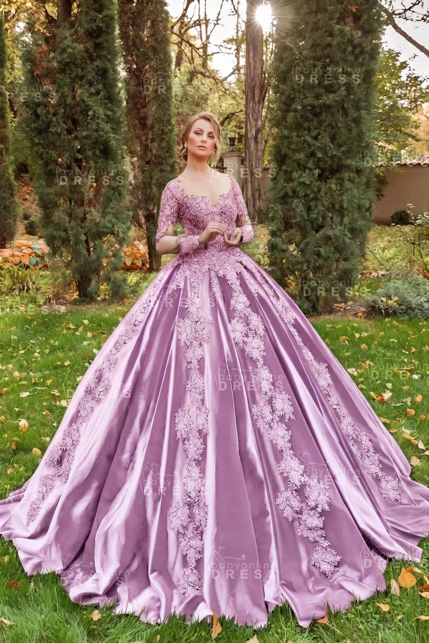 Gorgeous Long Sleeves Velvet Ball Gown with 3D Floral Appliques