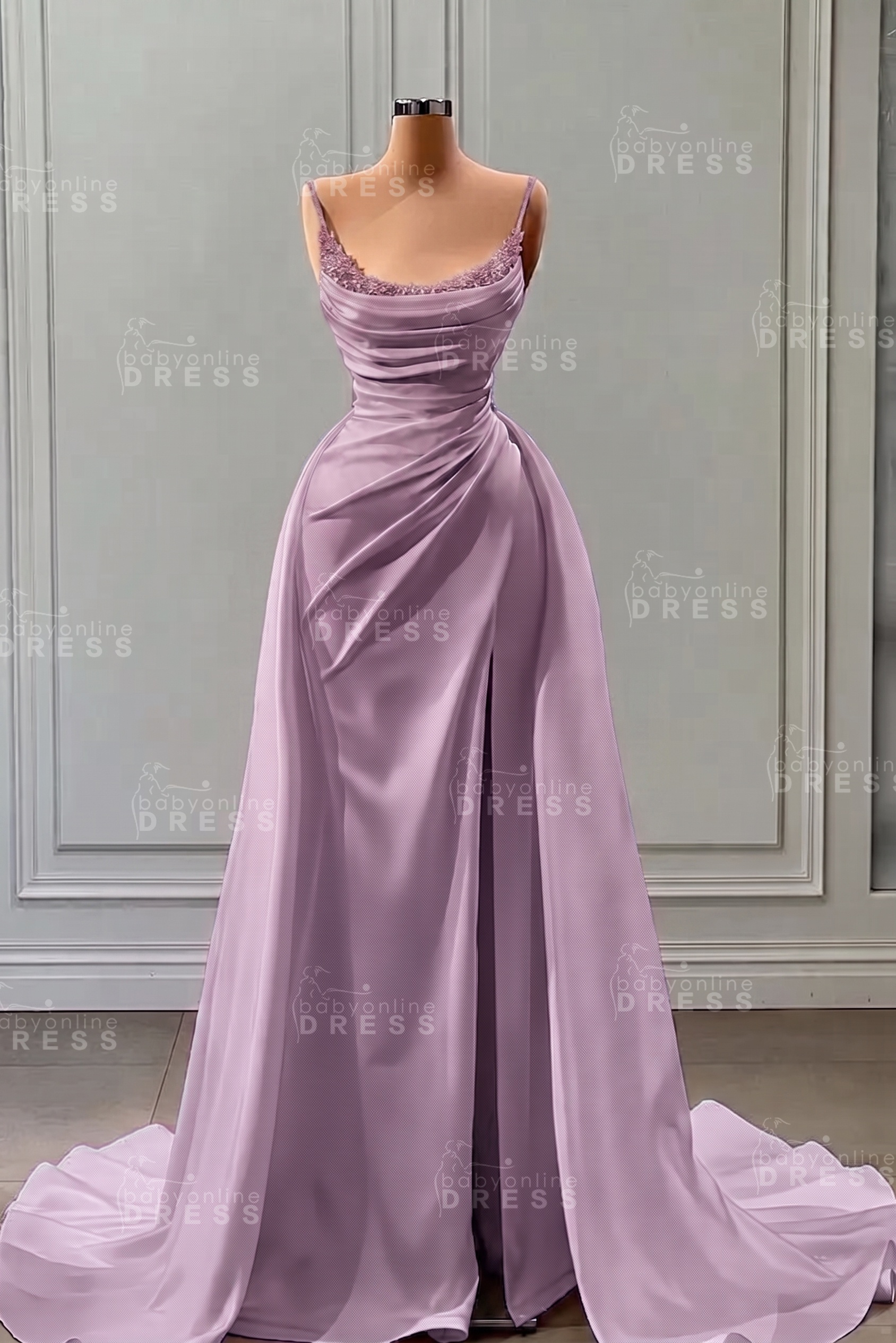White Spaghetti Straps Satin Mermaid Prom Dress with High Split