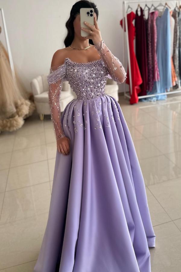 Lilac Off the shoulder Satin Princess Floor length Prom Dresses