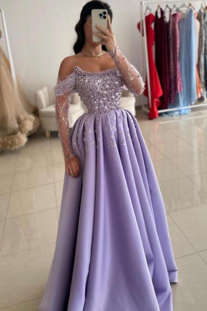 Lilac Off the shoulder Satin Princess Floor length Prom Dresses