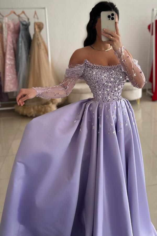 Lilac Off the shoulder Satin Princess Floor length Prom Dresses
