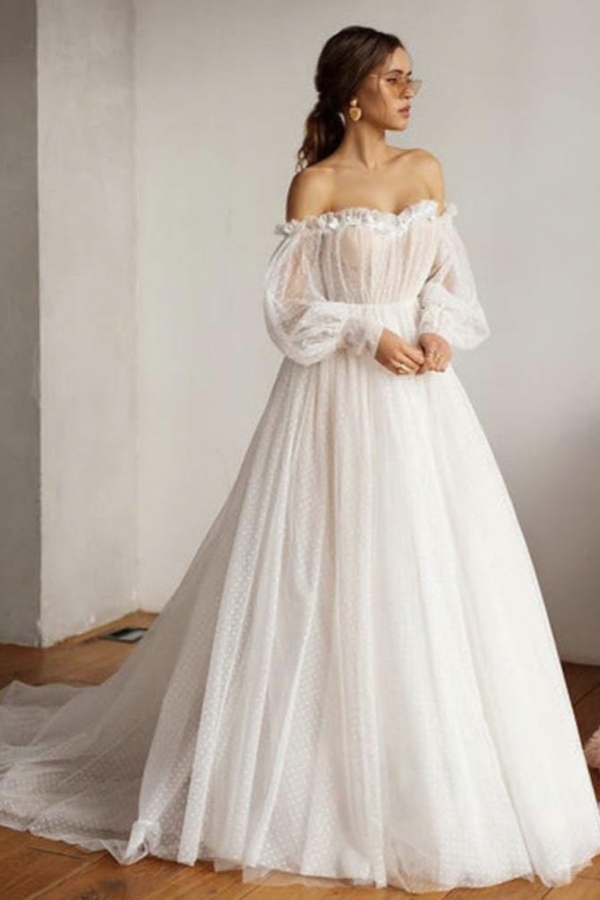 Long Bubble Sleeves Tulle Ball Gown Wedding Dresses