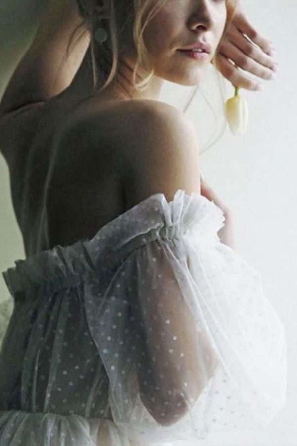 Long Bubble Sleeves Tulle Ball Gown Wedding Dresses