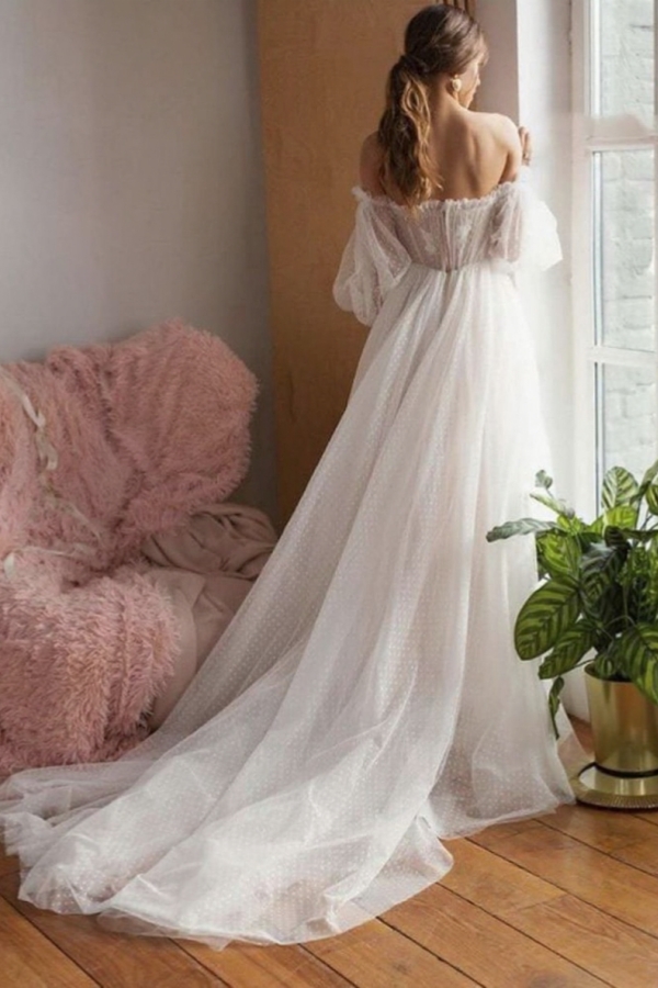 Long Bubble Sleeves Tulle Ball Gown Wedding Dresses