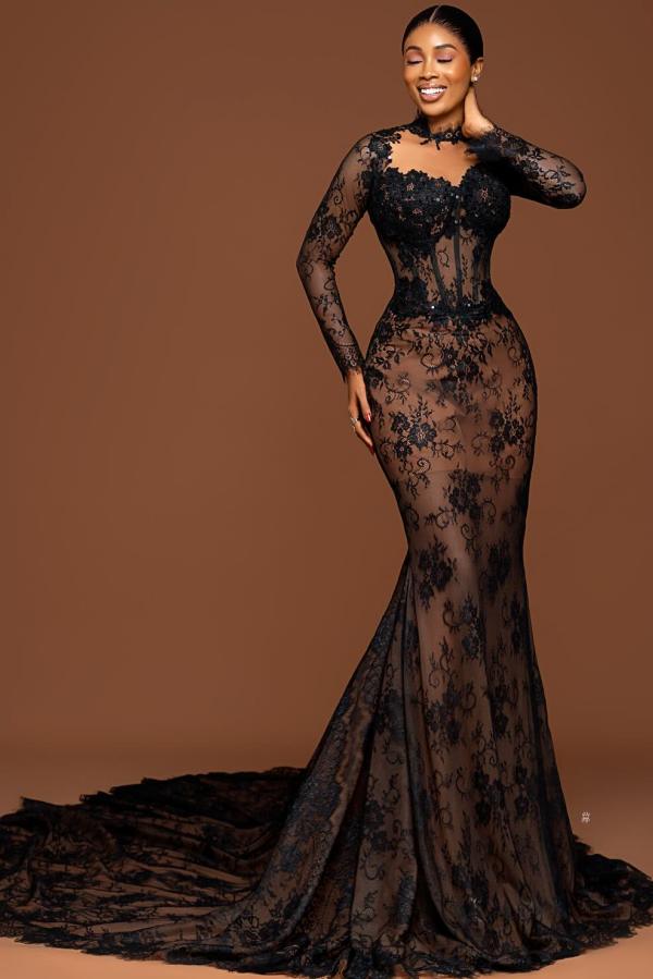 Long sleeves Black Lace Mermaid Court Train Sweetheart Prom Dresses