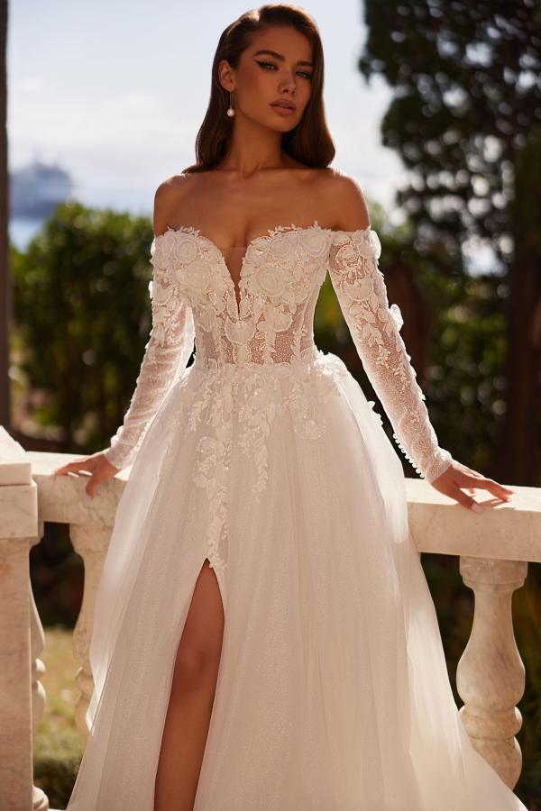 Long sleeves Cold Shoulder High Split Tulle Wedding Dresses