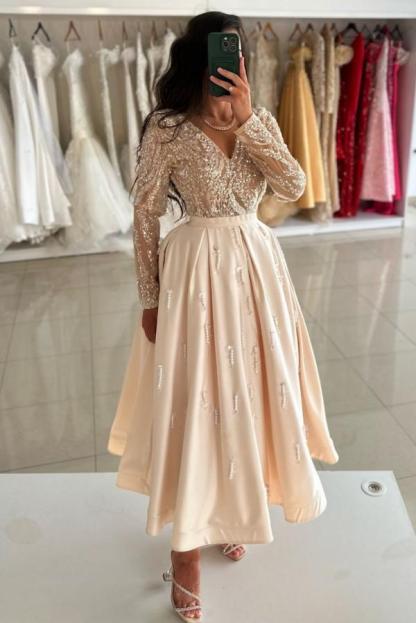 Long sleeves V-neck Ankle Length Prom Dresses
