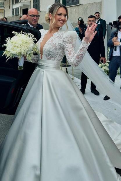Long sleeves V-neck Satin Court Train White Wedding Dresses