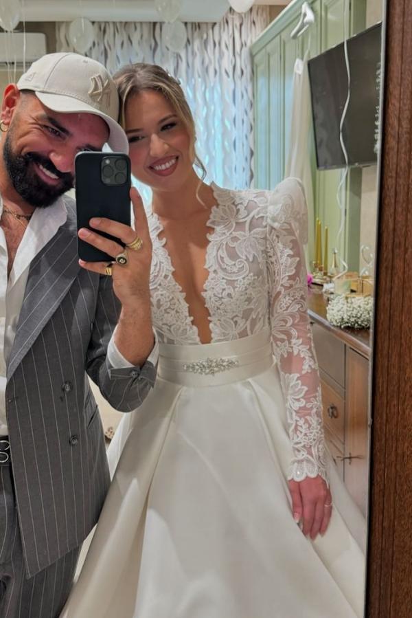 Long sleeves V-neck Satin Court Train White Wedding Dresses