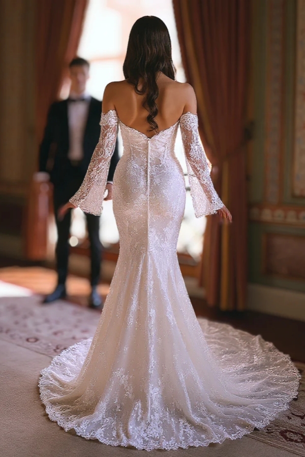 Gorgeous Off-the-Shoulder Mermaid Ivory Lace Wedding Dresses