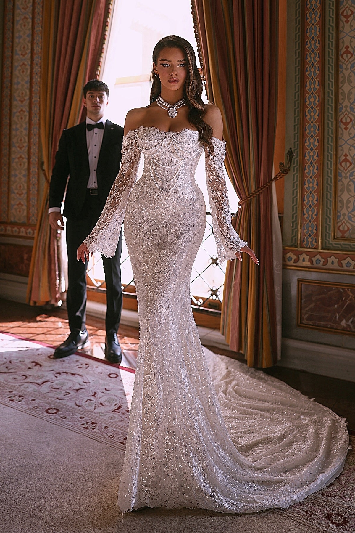 ivory lace wedding dress A-line Long Sleeves Boho MW766 High Neck Halter Design Gorgeous Off-the-Shoulder Mermaid Ivory Lace