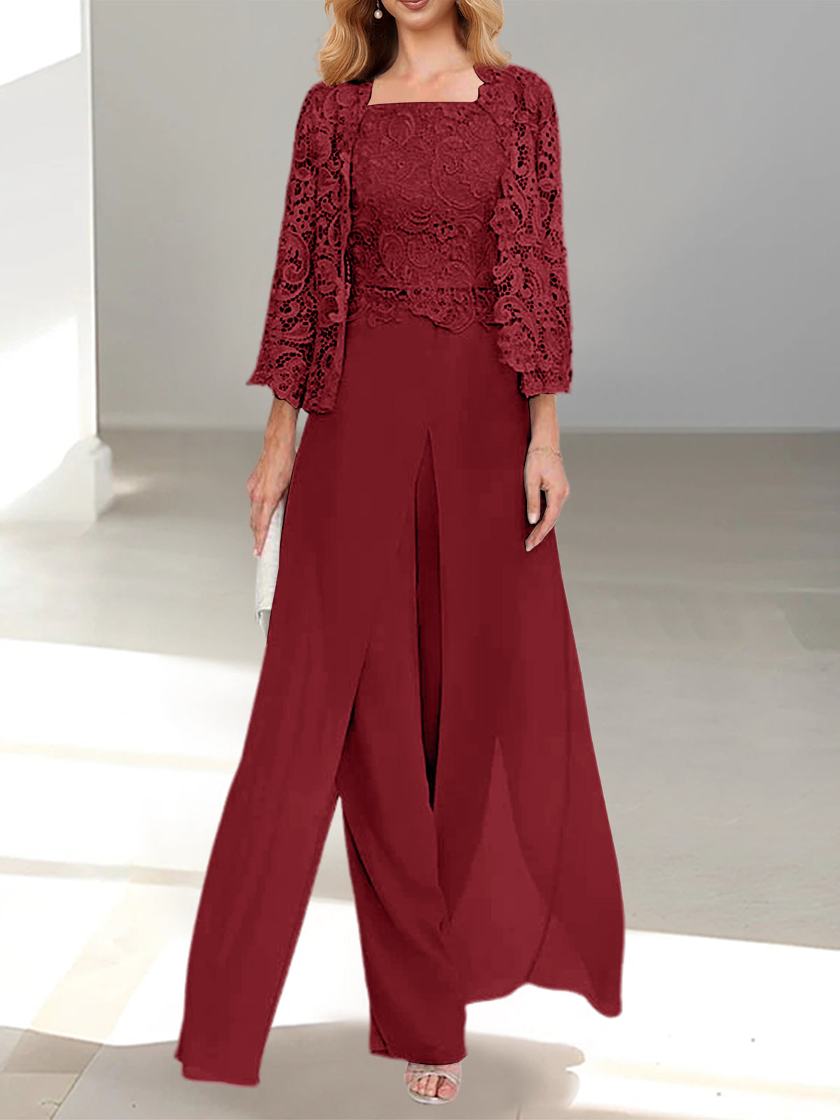 Burgundy Square Neck Chiffon Mother of the Bride Pantsuit with Jacket & Side Split