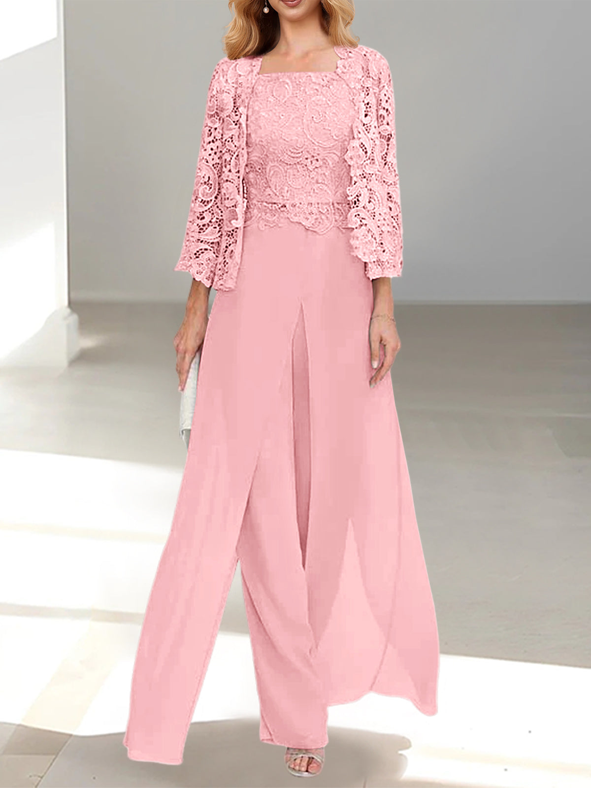 Candy Pink Square Neck Chiffon Mother of the Bride Pantsuit with Jacket & Side Split