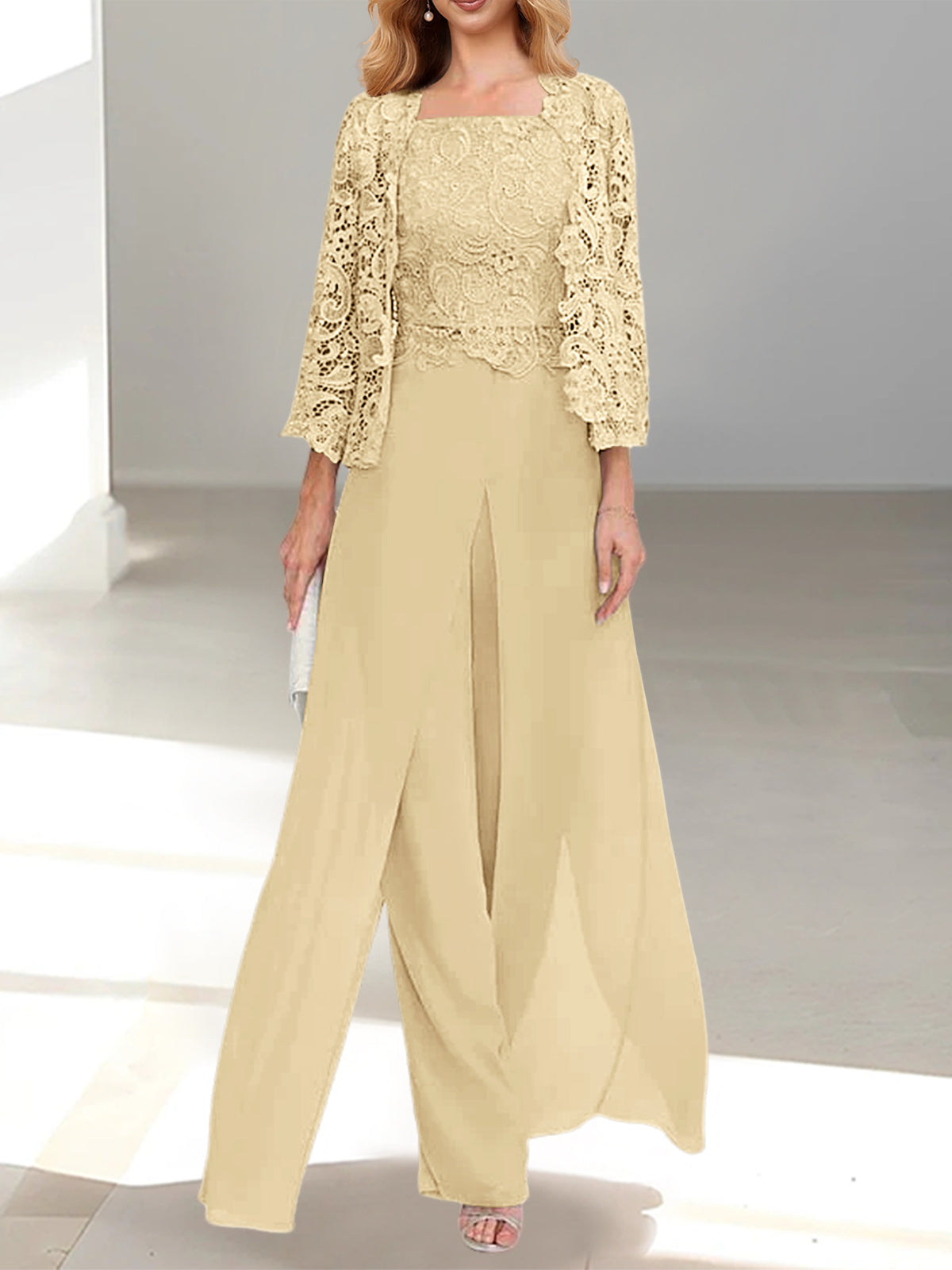 Champagne Square Neck Chiffon Mother of the Bride Pantsuit with Jacket & Side Split