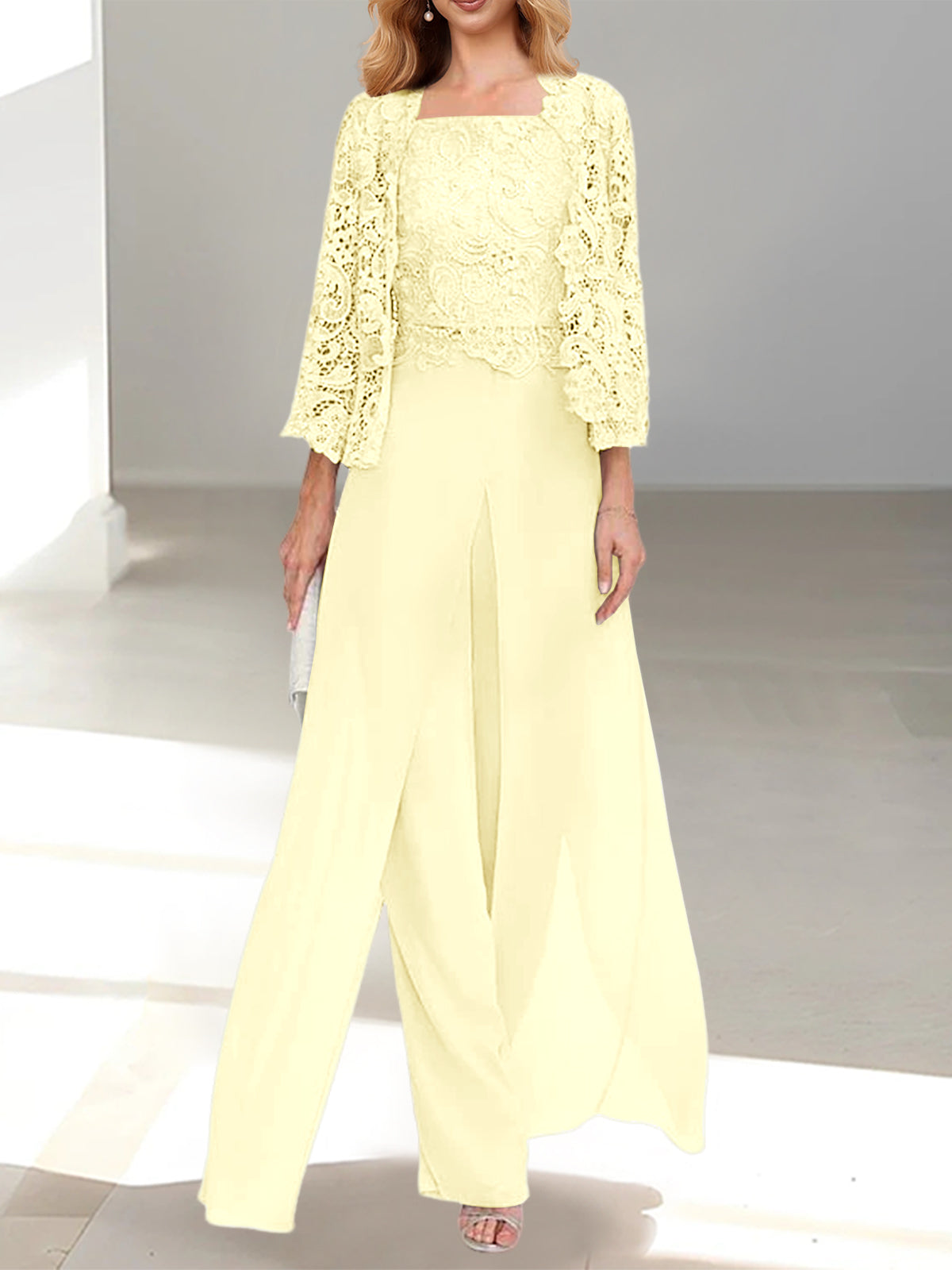 Daffodil Square Neck Chiffon Mother of the Bride Pantsuit with Jacket & Side Split
