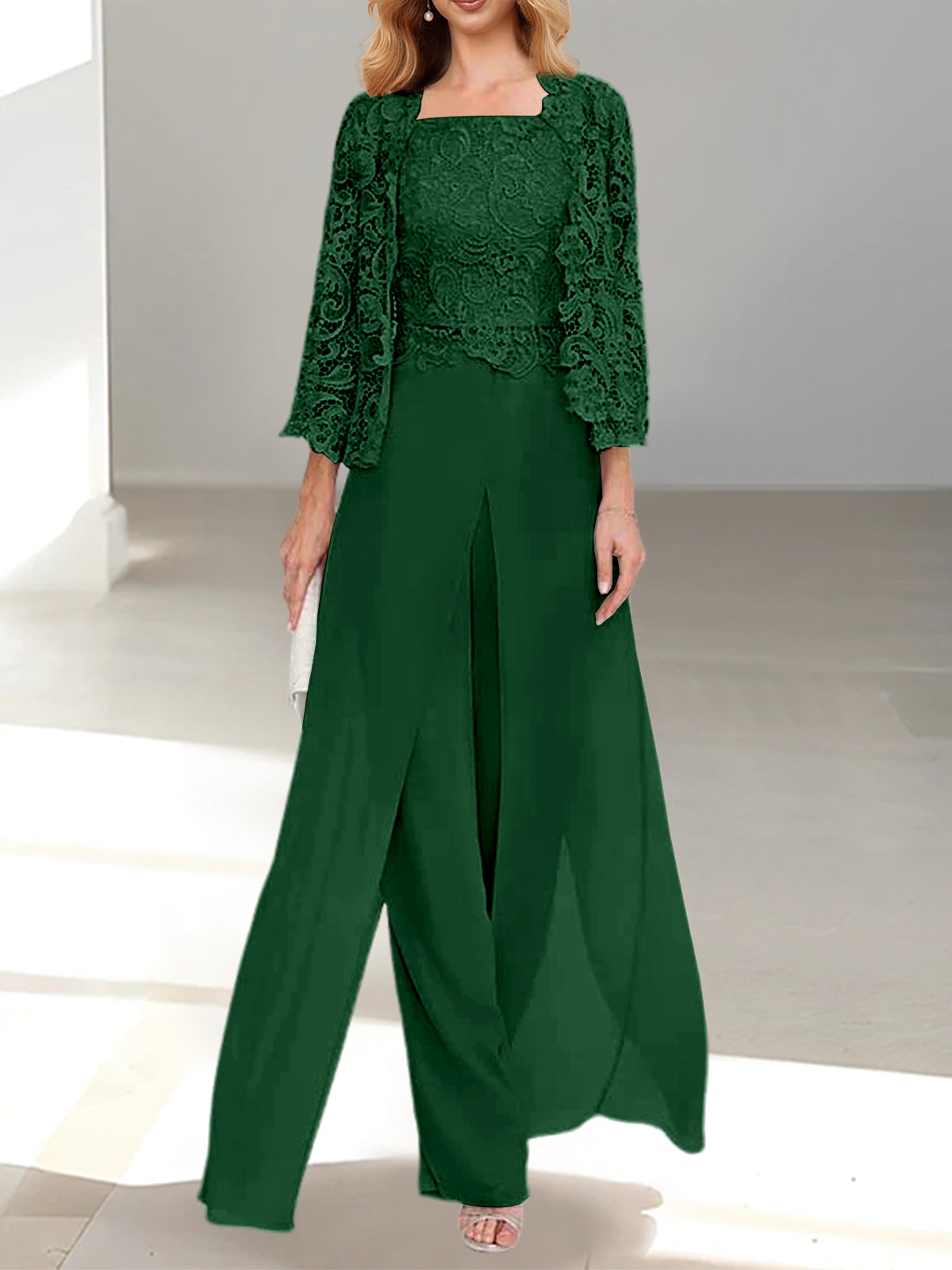 Dark Green Square Neck Chiffon Mother of the Bride Pantsuit with Jacket & Side Split