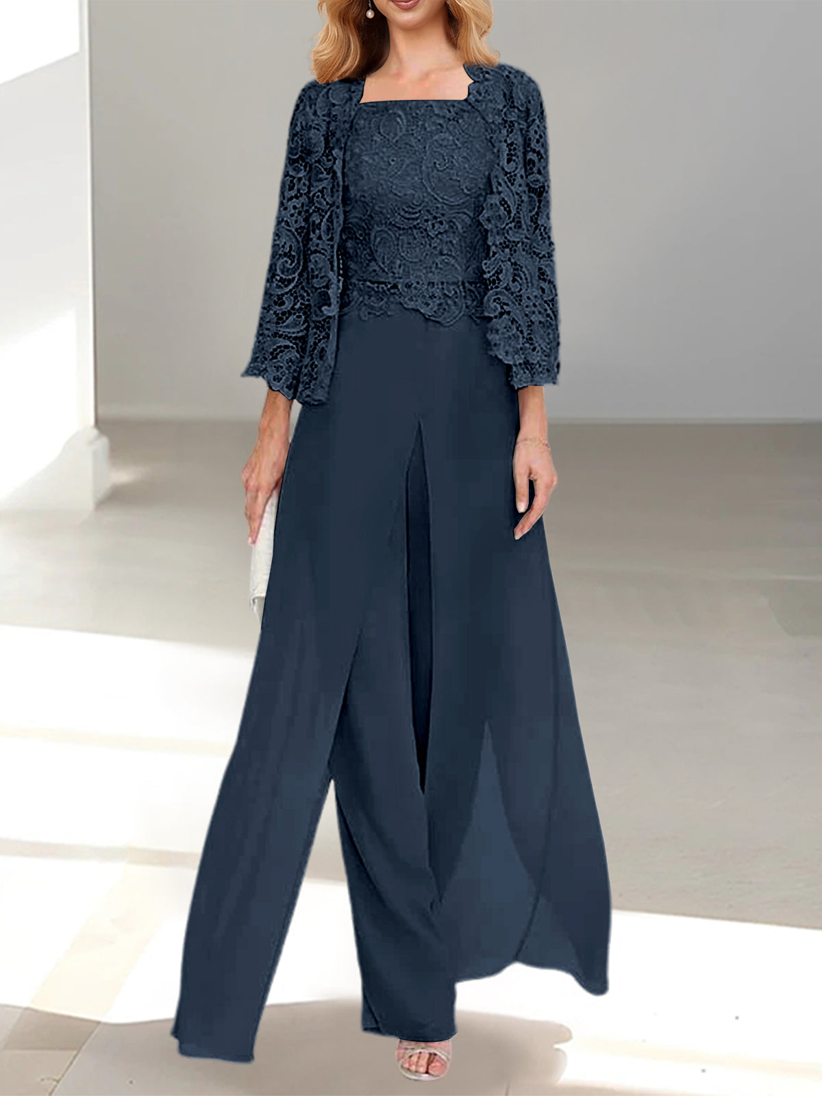 Dark navy Square Neck Chiffon Mother of the Bride Pantsuit with Jacket & Side Split