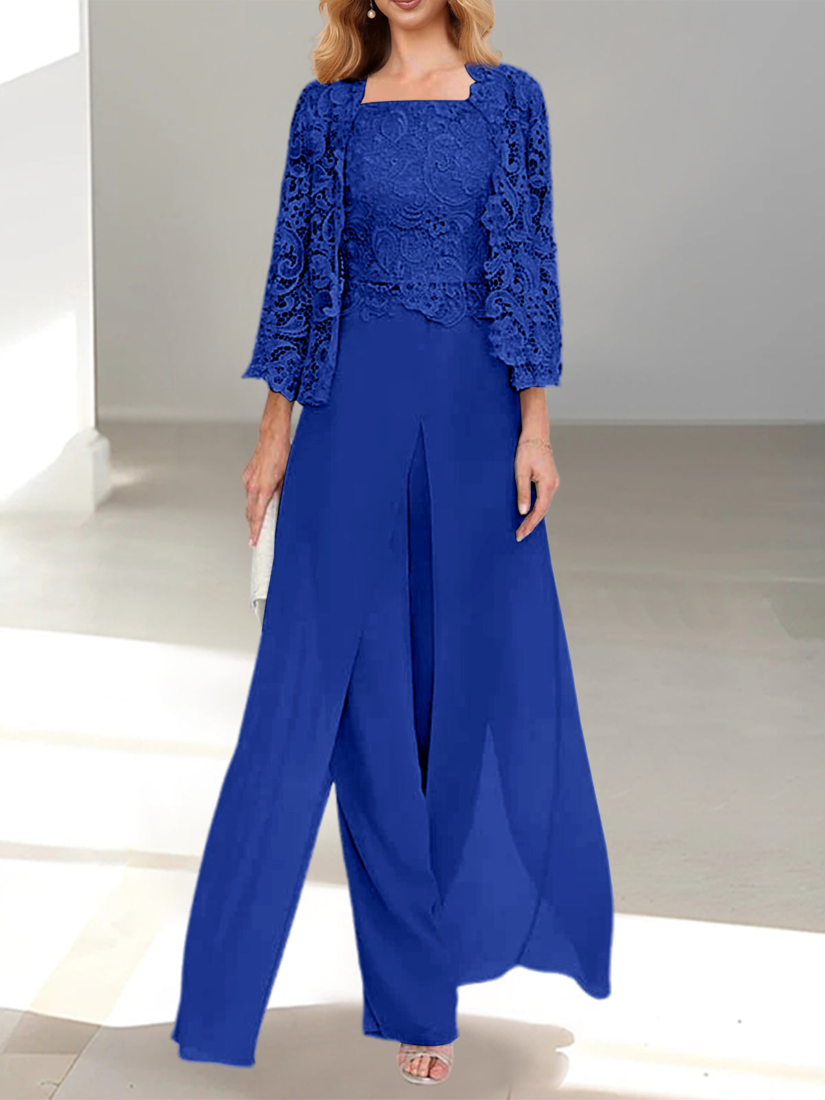 Royal Blue Square Neck Chiffon Mother of the Bride Pantsuit with Jacket & Side Split