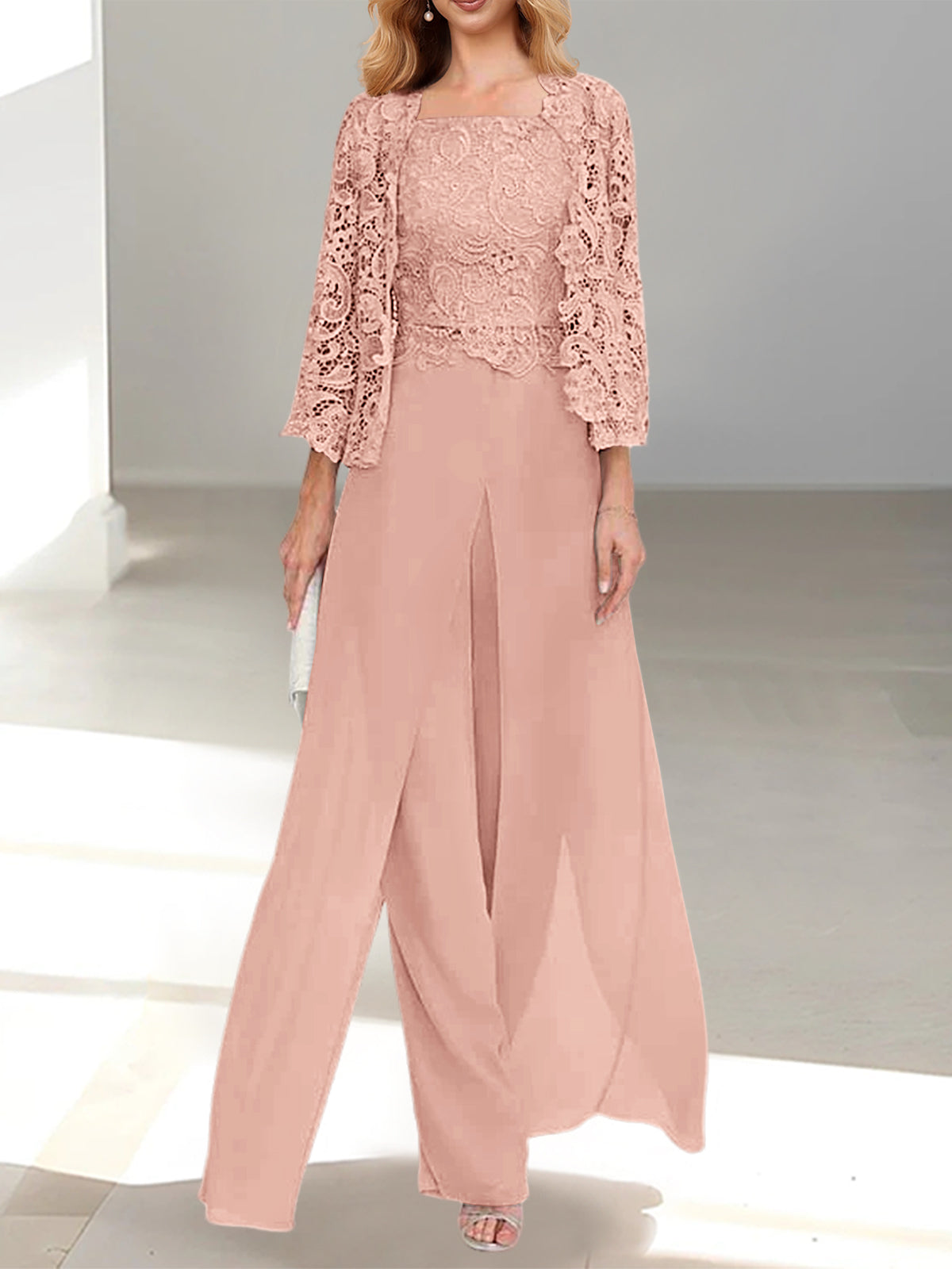 Dusty Rose Square Neck Chiffon Mother of the Bride Pantsuit with Jacket & Side Split