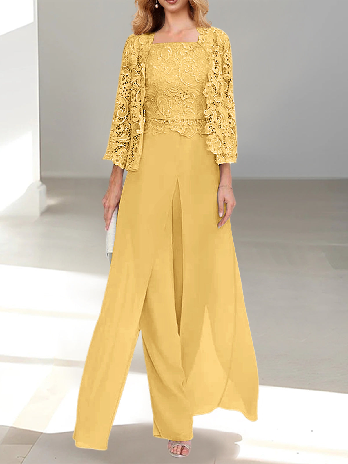 Gold Square Neck Chiffon Mother of the Bride Pantsuit with Jacket & Side Split