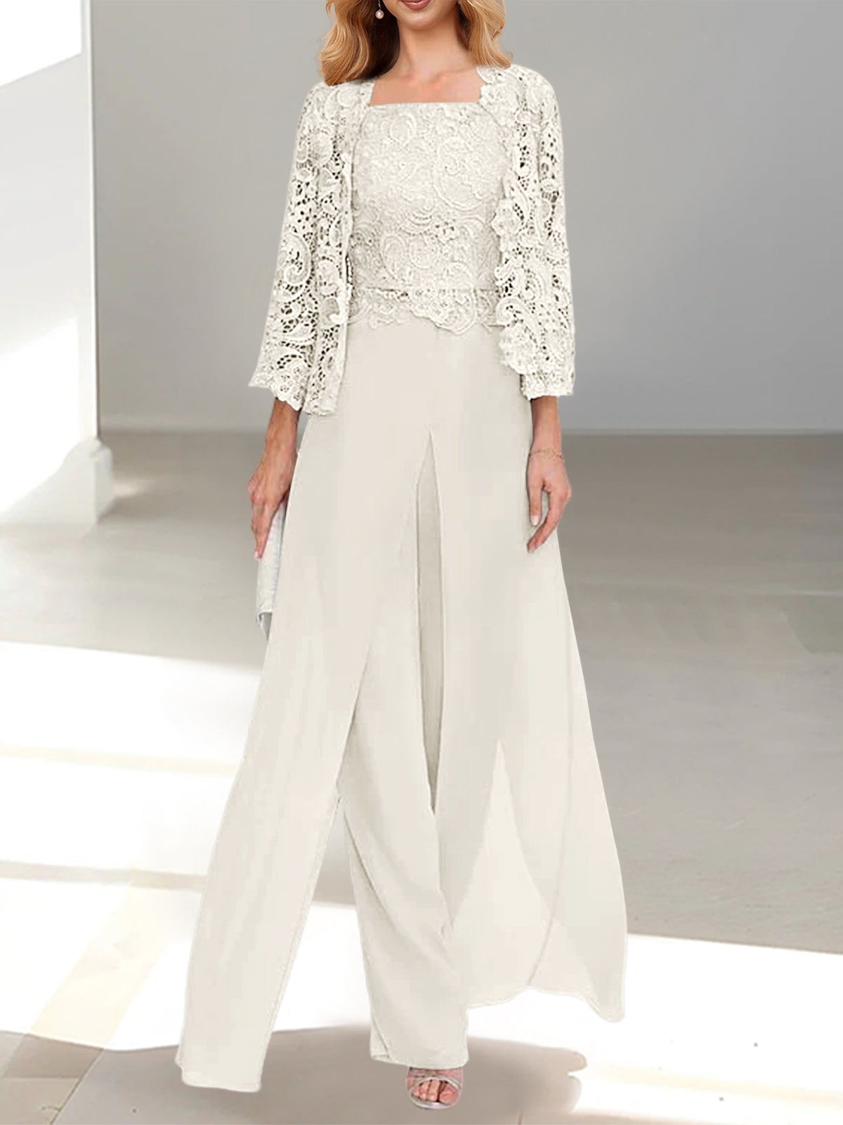 Ivory Square Neck Chiffon Mother of the Bride Pantsuit with Jacket & Side Split