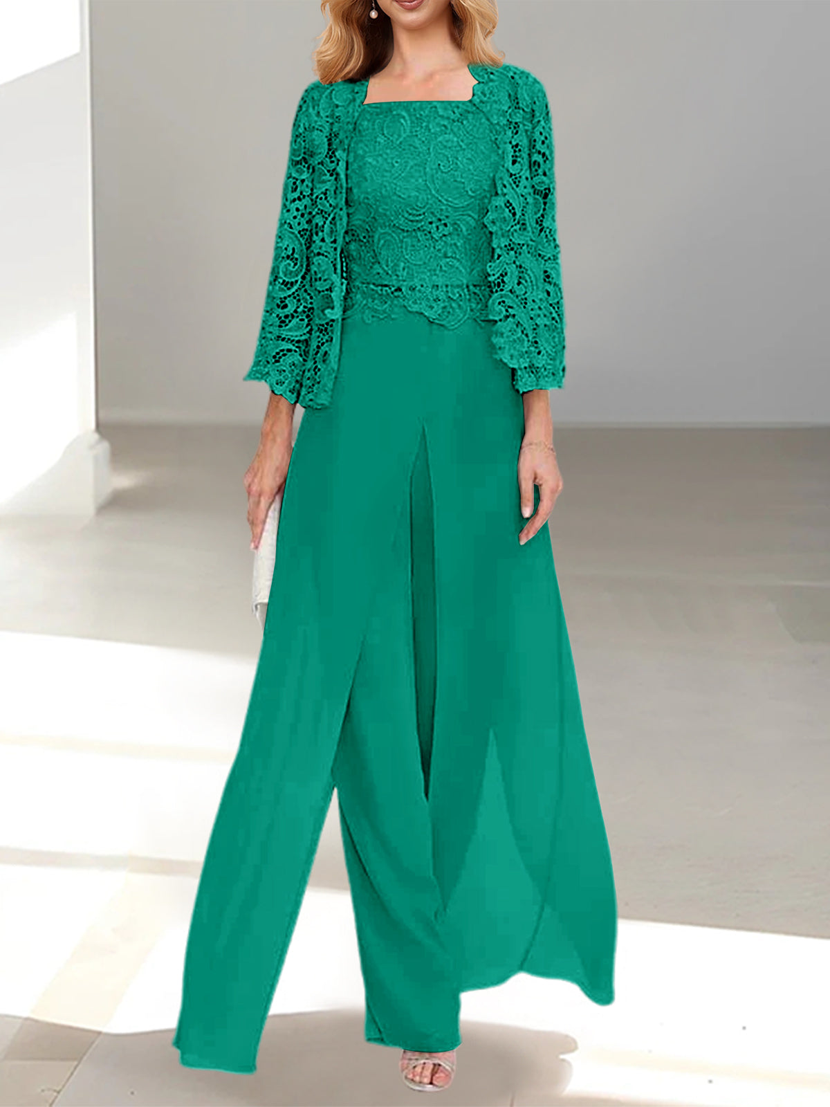 Jade Square Neck Chiffon Mother of the Bride Pantsuit with Jacket & Side Split