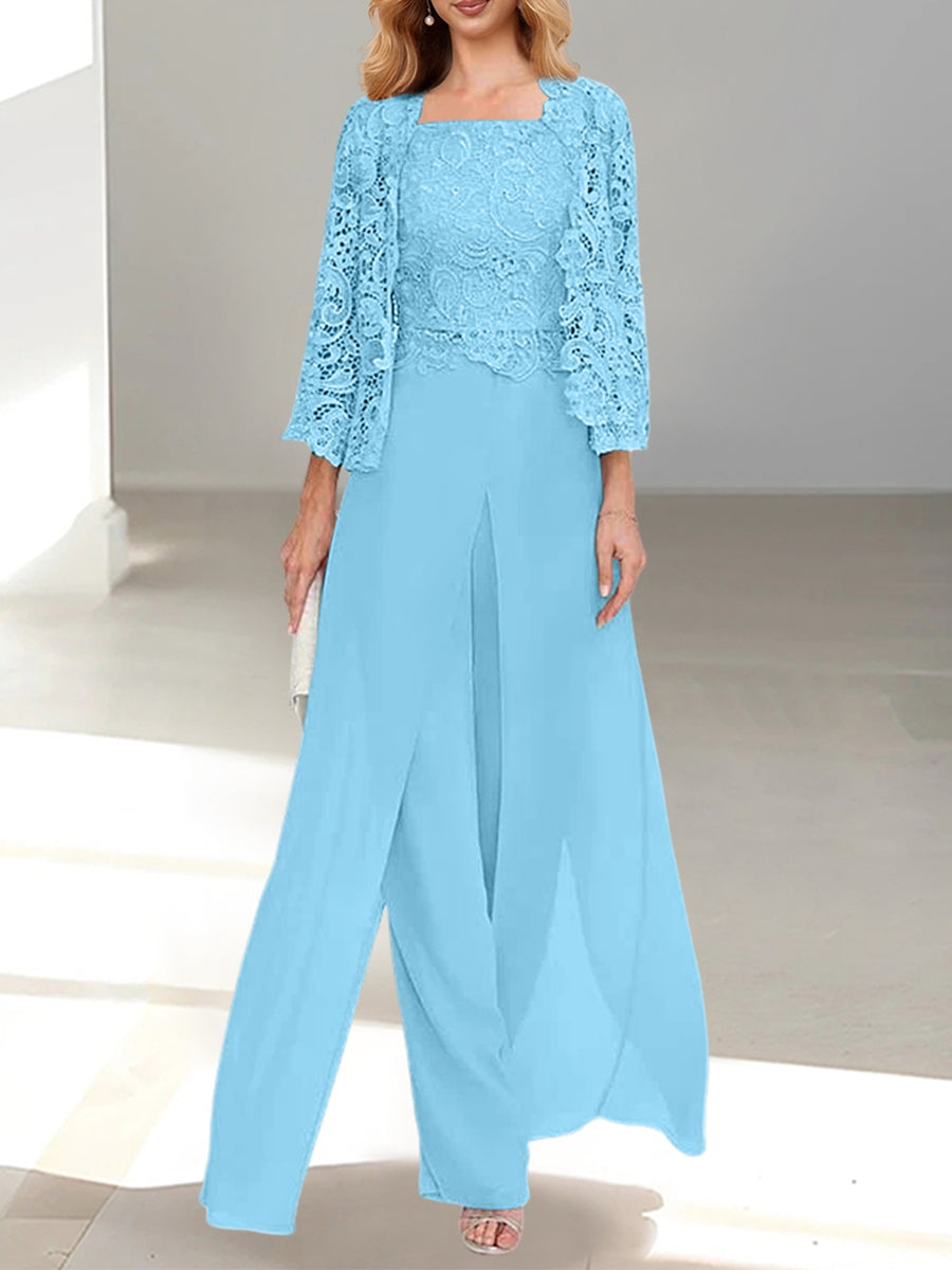 Light Blue Square Neck Chiffon Mother of the Bride Pantsuit with Jacket & Side Split