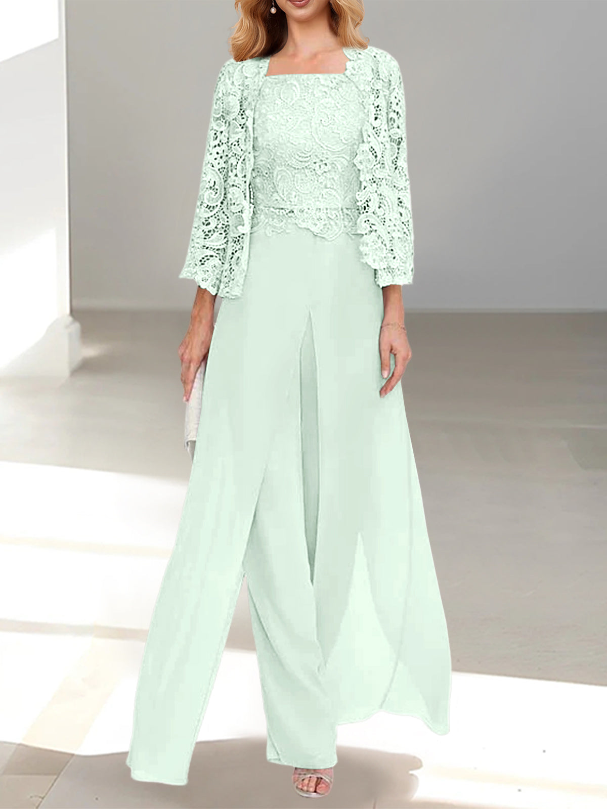 Mist Square Neck Two Pieces Chiffon Mother of the Bride Pantsuit with Side Split