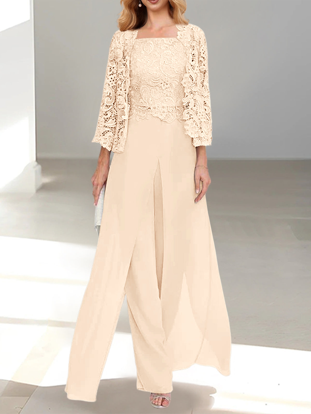 Pearl Pink Square Neck Chiffon Mother of the Bride Pantsuit with Jacket & Side Split