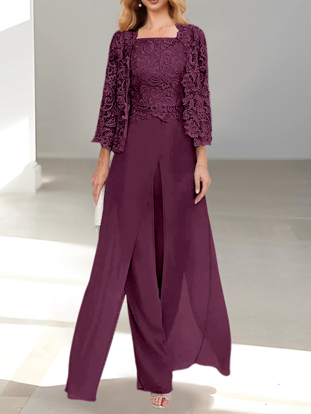 Plum Square Neck Chiffon Mother of the Bride Pantsuit with Jacket & Side Split