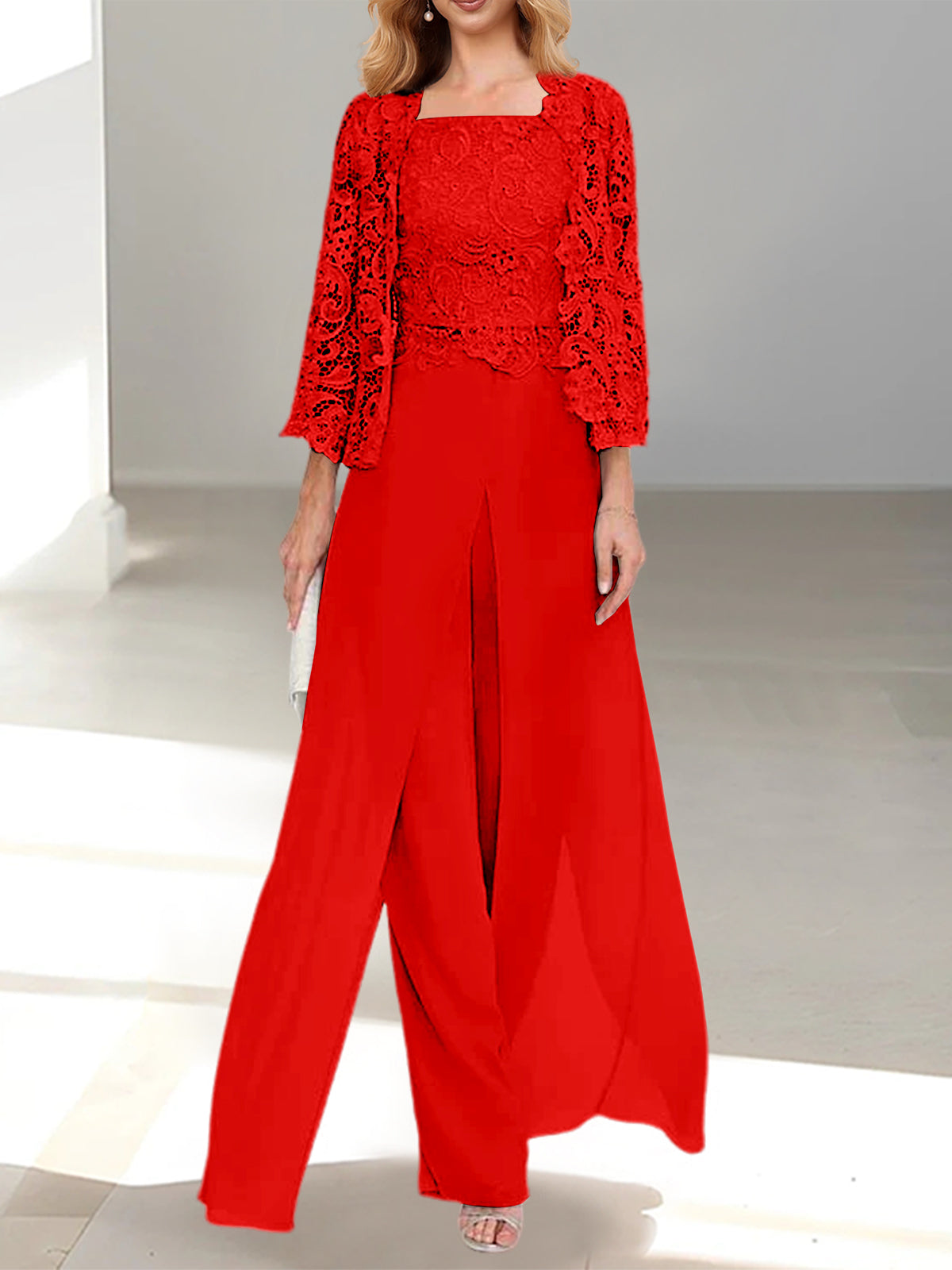 Red Square Neck Chiffon Mother of the Bride Pantsuit with Jacket & Side Split