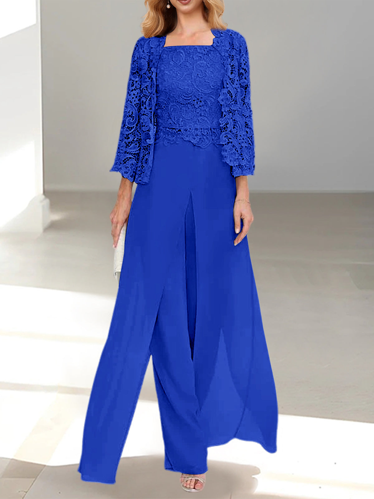 Royal Blue Square Neck Chiffon Mother of the Bride Pantsuit with Jacket & Side Split