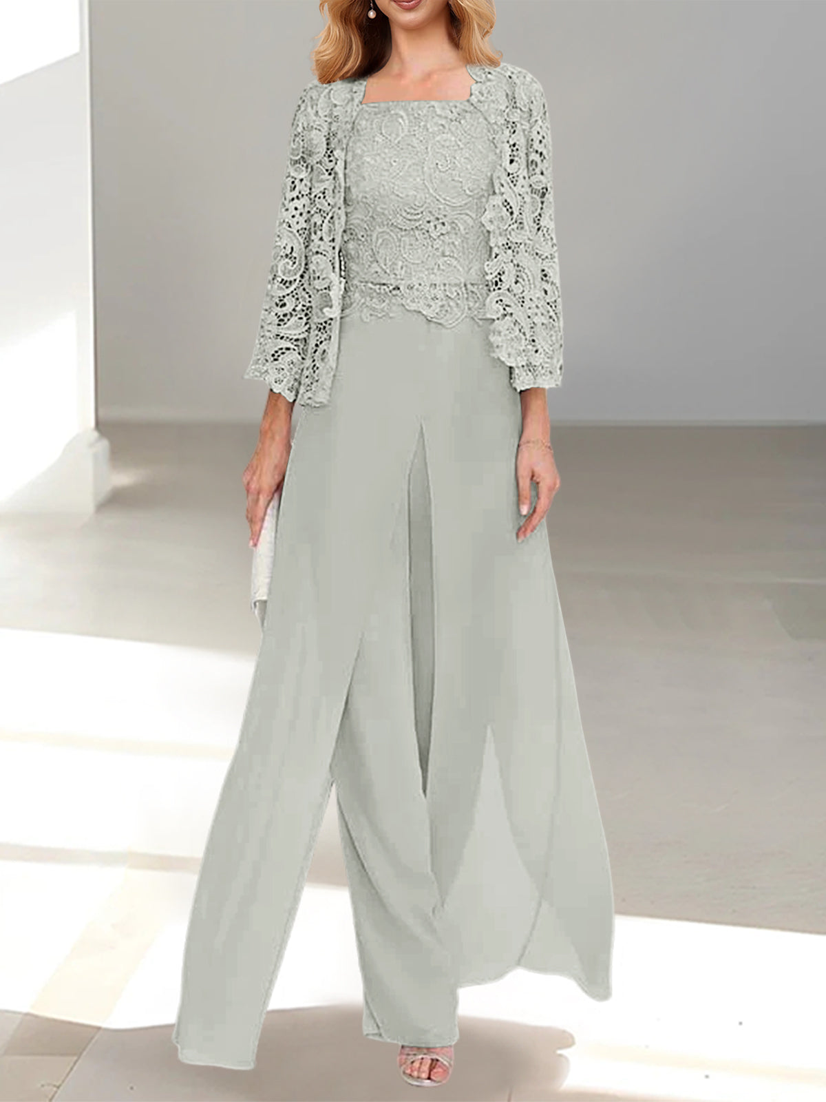 Silver Square Neck Chiffon Mother of the Bride Pantsuit with Jacket & Side Split