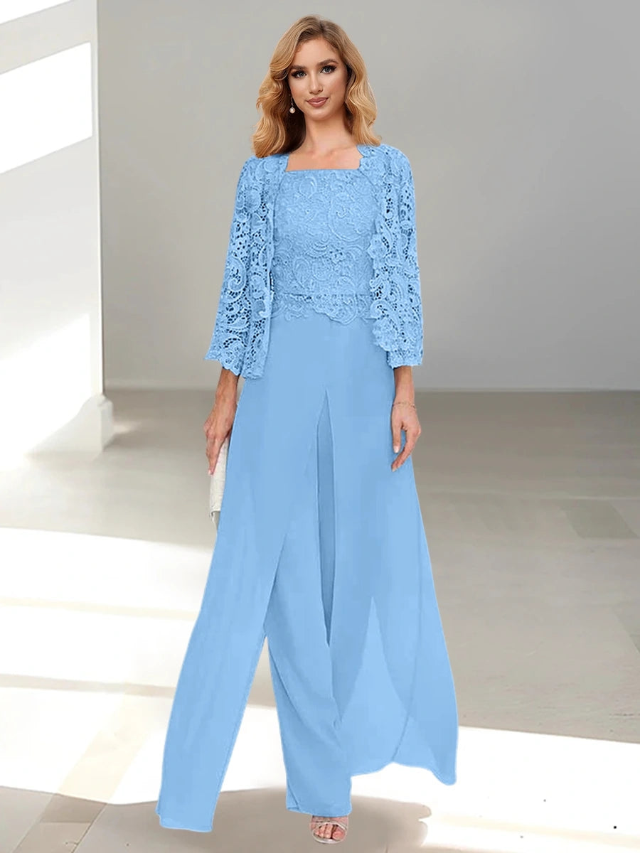 Sky Blue Square Neck Chiffon Mother of the Bride Pantsuit with Jacket & Side Split