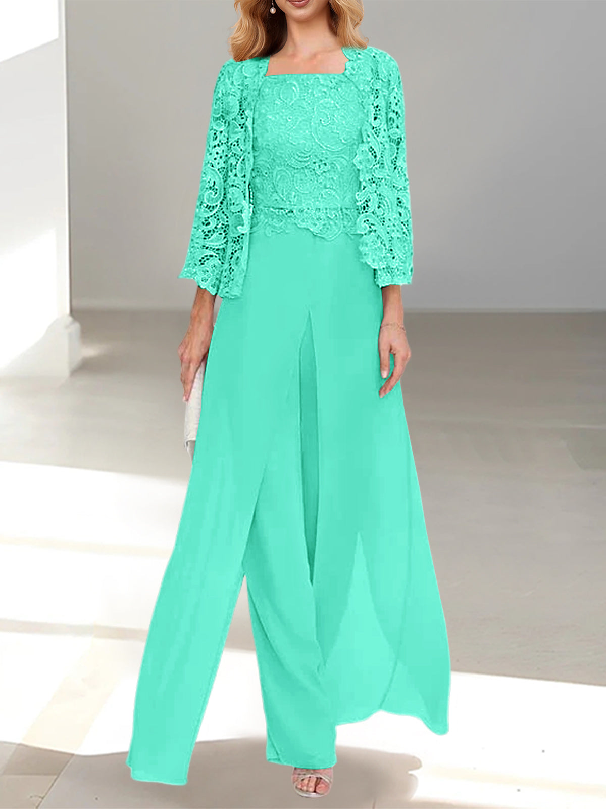 Spa Square Neck Chiffon Mother of the Bride Pantsuit with Jacket & Side Split