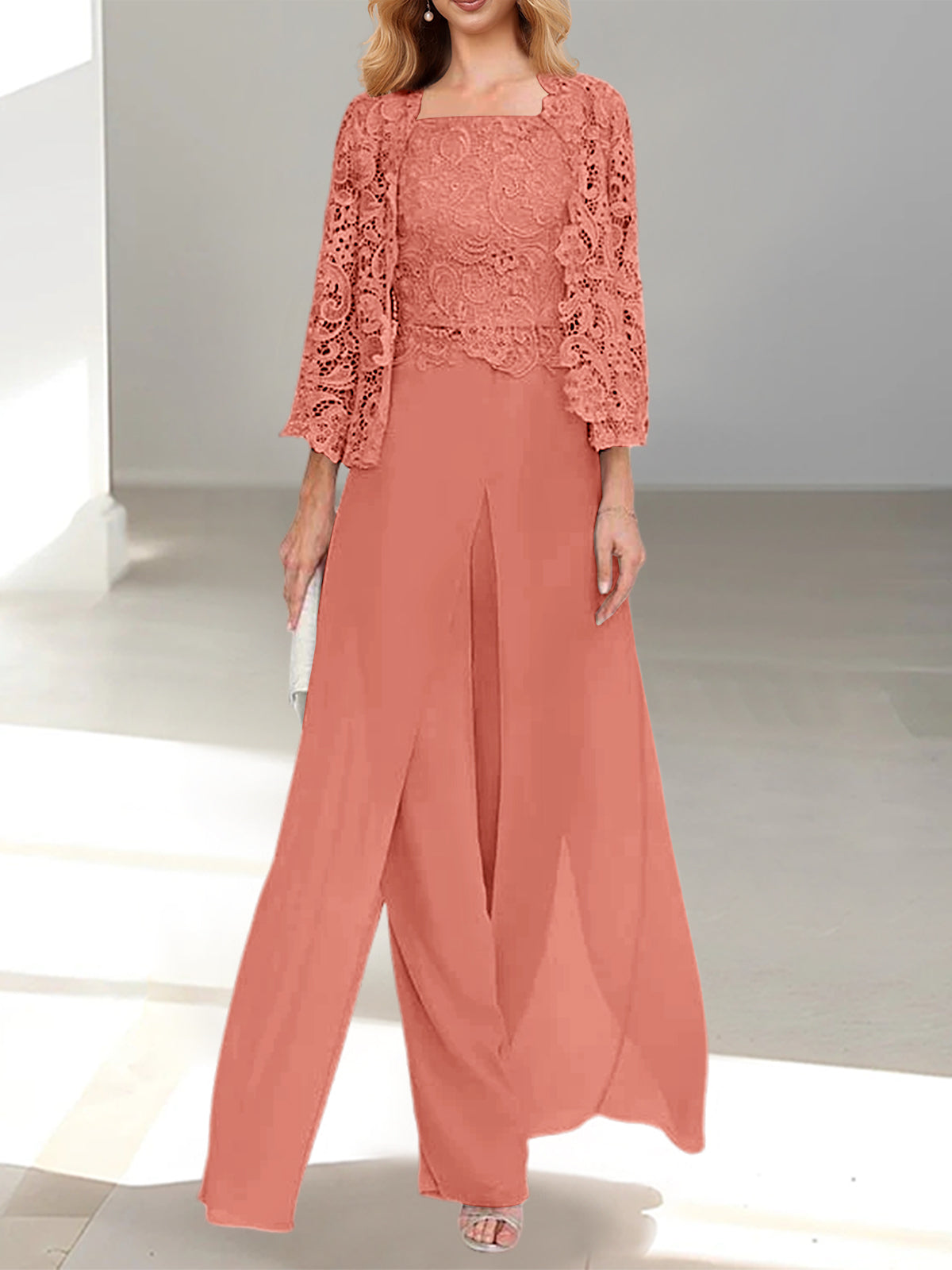 watermelon Square Neck Chiffon Mother of the Bride Pantsuit with Jacket & Side Split