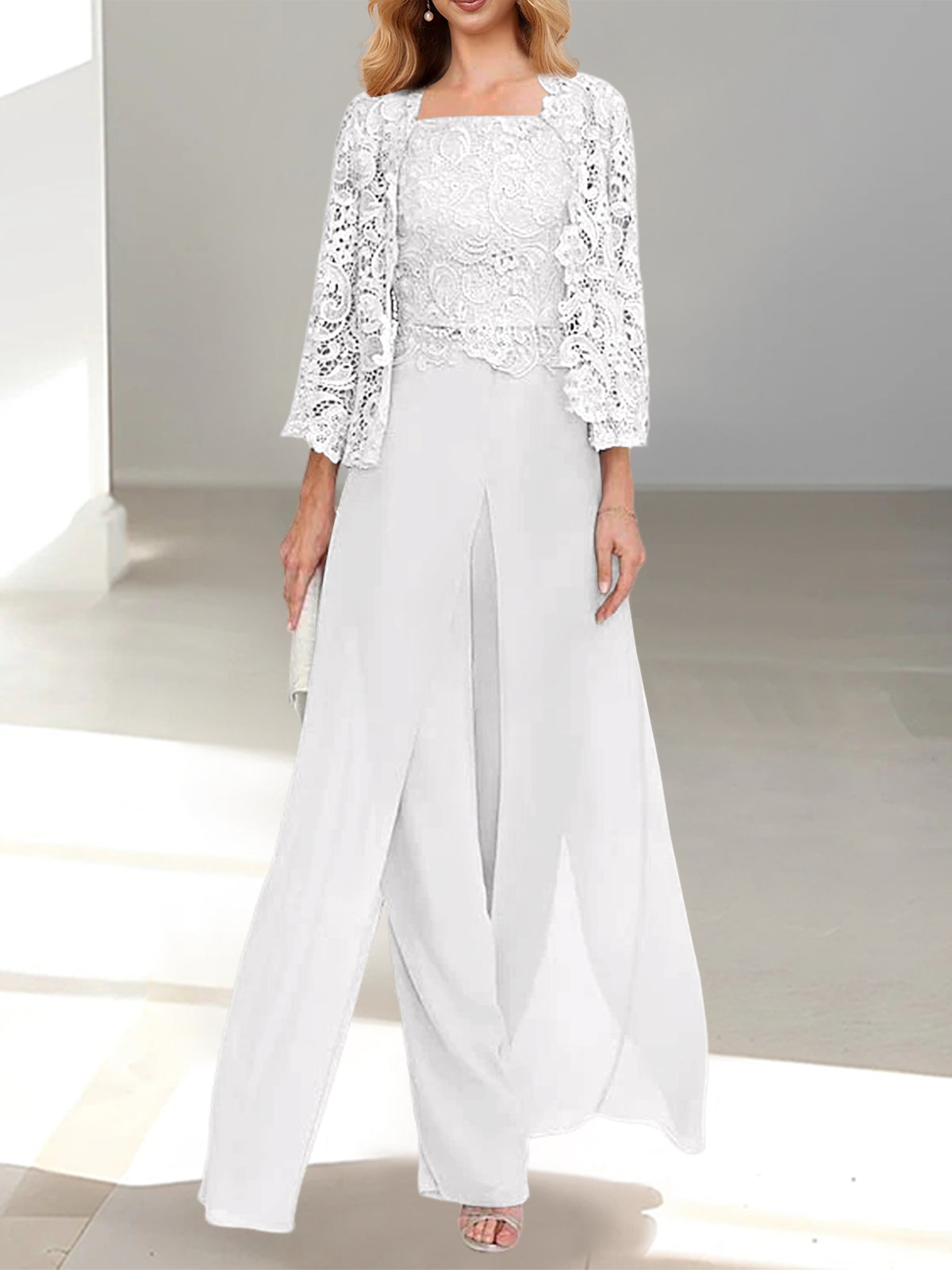 white Square Neck Chiffon Mother of the Bride Pantsuit with Jacket & Side Split