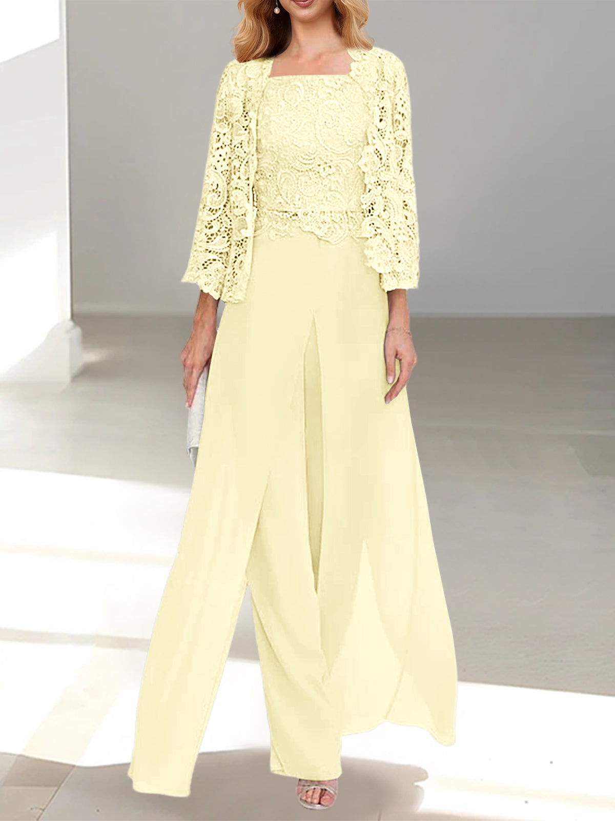 Yellow Square Neck Chiffon Mother of the Bride Pantsuit with Jacket & Side Split