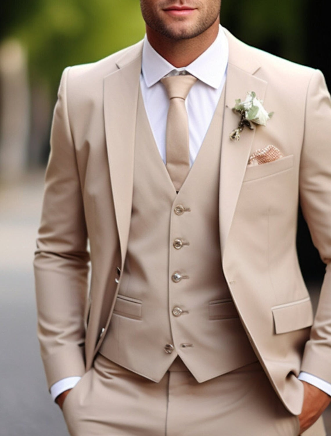 Solid-Colored Three-Piece Wedding Suit For Men Tailored Fit With Single Breast And Two Buttons